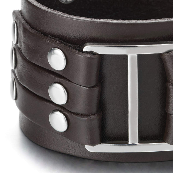 COOLSTEELANDBEYOND Biker Punk Rock Men Women Wide Brown Leather Bracelet Bangle Wristband with Rivets and Buckle - coolsteelandbeyond