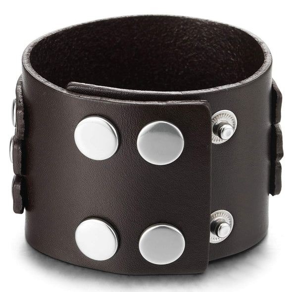 COOLSTEELANDBEYOND Biker Punk Rock Men Women Wide Brown Leather Bracelet Bangle Wristband with Rivets and Buckle - coolsteelandbeyond