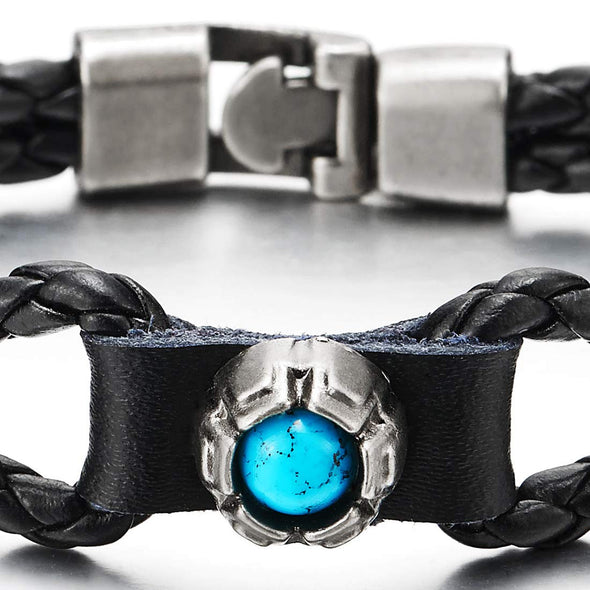 Black Braided Knot Leather Bangle Bracelet for Mens Womens, Two-Row Leather with Turquoise Charm - COOLSTEELANDBEYOND Jewelry