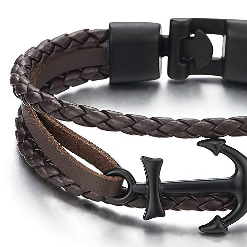 COOLSTEELANDBEYOND Black Marine Anchor Brown Braided Leather Bangle Bracelet Men Women, Three-Row Wristband - coolsteelandbeyond