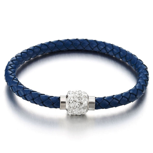 COOLSTEELANDBEYOND Blue Leather Bangle Bracelet with Cubic Zirconia and Steel Magnetic Clasp - COOLSTEELANDBEYOND Jewelry