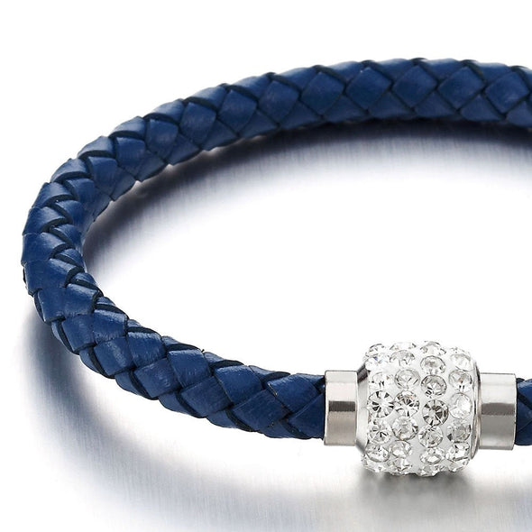 COOLSTEELANDBEYOND Blue Leather Bangle Bracelet with Cubic Zirconia and Steel Magnetic Clasp - COOLSTEELANDBEYOND Jewelry