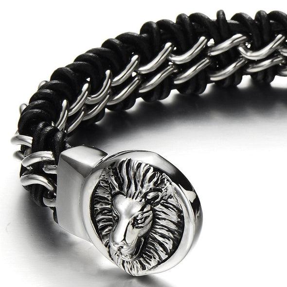 Braided Leather Bracelet for Men with Stainless Steel Lion Head and Black Genuine Leather Straps - COOLSTEELANDBEYOND Jewelry