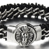 Braided Leather Bracelet with Stainless Steel Lion Head and Black Genuine Leather Straps for Men - COOLSTEELANDBEYOND Jewelry