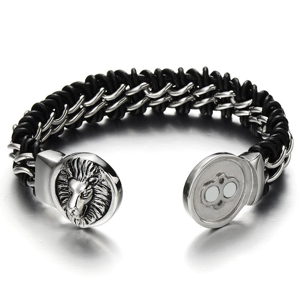 Braided Leather Bracelet with Stainless Steel Lion Head and Black Genuine Leather Straps for Men - COOLSTEELANDBEYOND Jewelry