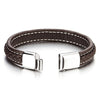 COOLSTEELANDBEYOND Brown Braided Leather Bracelet for Men Women with White Stitches Leather Wristband with Steel Clasp - coolsteelandbeyond
