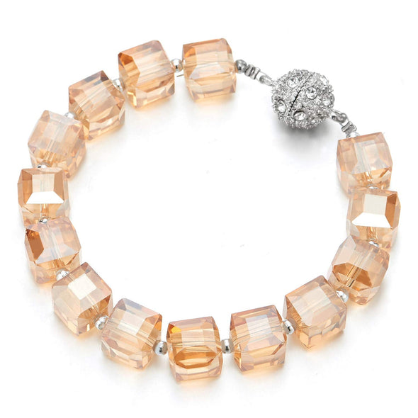 COOLSTEELANDBEYOND Champagne Faceted Cube Crystal Beads Bracelet with Rhinestones Ball Charm Magnetic Clasp, Glamorous - COOLSTEELANDBEYOND Jewelry