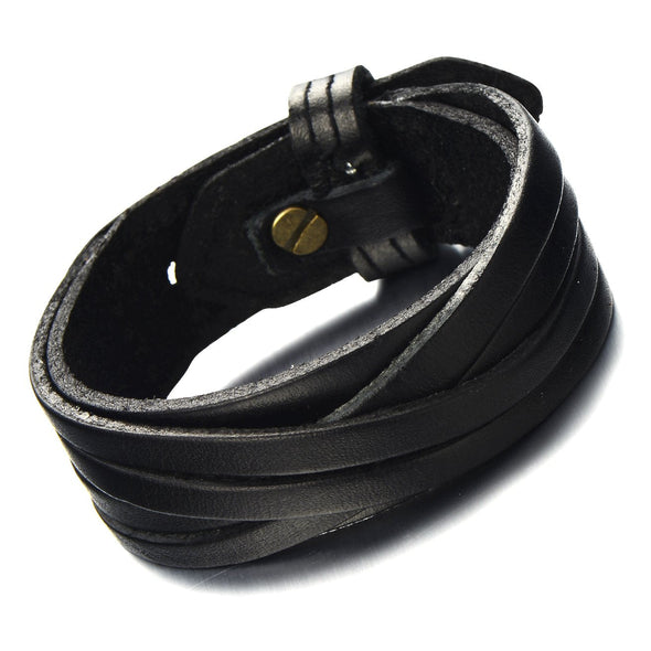 COOLSTEELANDBEYOND Classic Mens Stripe Leather Bracelet Black Genuine Leather Wristband - coolsteelandbeyond