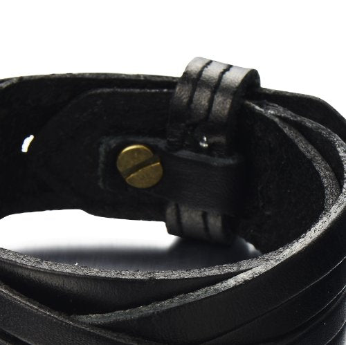 COOLSTEELANDBEYOND Classic Mens Stripe Leather Bracelet Black Genuine Leather Wristband - coolsteelandbeyond
