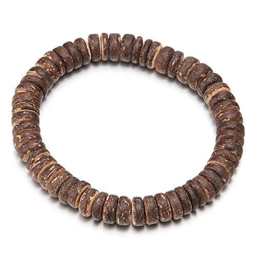 COOLSTEELANDBEYOND Earthy Mens Womens Brown Wood Beads Bracelet, 8mm Tibetan Beads Prayer Mala, Stretchable - coolsteelandbeyond