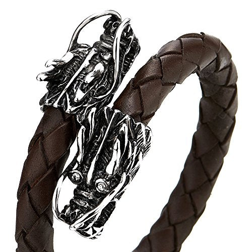 COOLSTEELANDBEYOND Elastic Adjustable Mens Brown Braided Leather Wrap Bracelet Wristband with Stainless Steel Dragons - coolsteelandbeyond