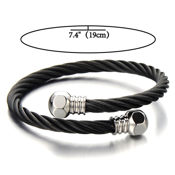 COOLSTEELANDBEYOND Elastic Adjustable Mens Twisted Cable Cuff Bangle Bracelet Stainless Steel Two-Tone Polished - coolsteelandbeyond