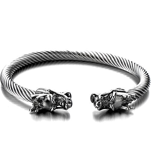 COOLSTEELANDBEYOND Elastic Adjustable Mens Dragon Bracelet Steel Twisted Cable Bangle Cuff Bracelet Polished - coolsteelandbeyond