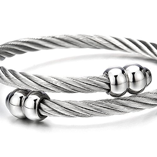 COOLSTEELANDBEYOND Elastic Adjustable Mens Womens Stainless Steel Twisted Cable Cuff Bangle Bracelet - coolsteelandbeyond