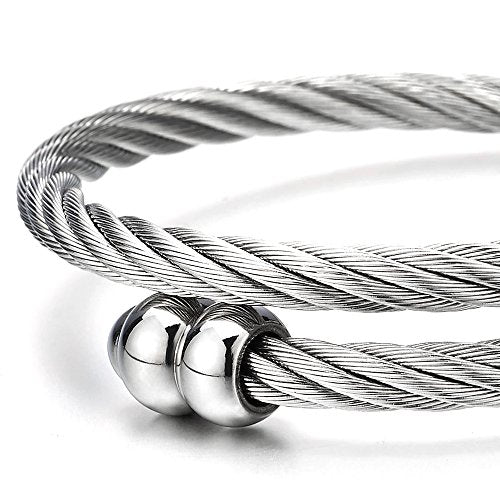COOLSTEELANDBEYOND Elastic Adjustable Mens Womens Stainless Steel Twisted Cable Cuff Bangle Bracelet - coolsteelandbeyond
