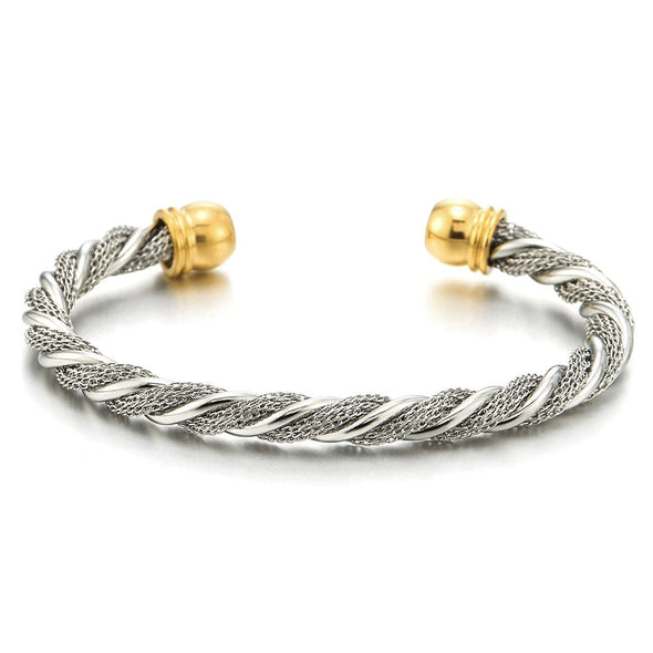 COOLSTEELANDBEYOND Elastic Adjustable Stainless Steel Twisted Cable Bangle Bracelet for Men Women Silver Gold Polished - coolsteelandbeyond