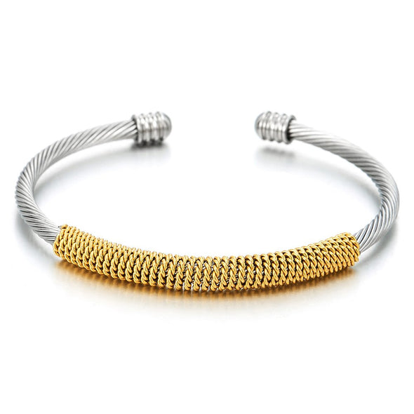 COOLSTEELANDBEYOND Elastic Adjustable Steel Twisted Cable Cuff Bangle Bracelet for Men Women Silver Gold Polished - coolsteelandbeyond