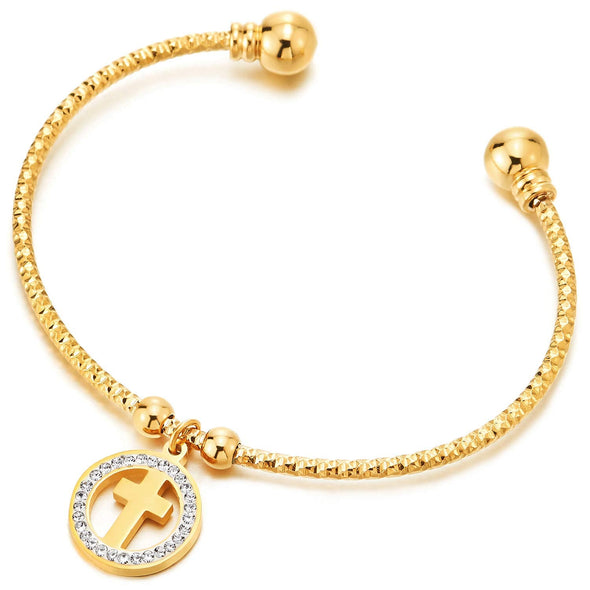 COOLSTEELANDBEYOND Elastic Adjustable Steel Gold Color Cross CZ Circle Charms Textured Bangle Cuff Bracelet for Women - COOLSTEELANDBEYOND Jewelry