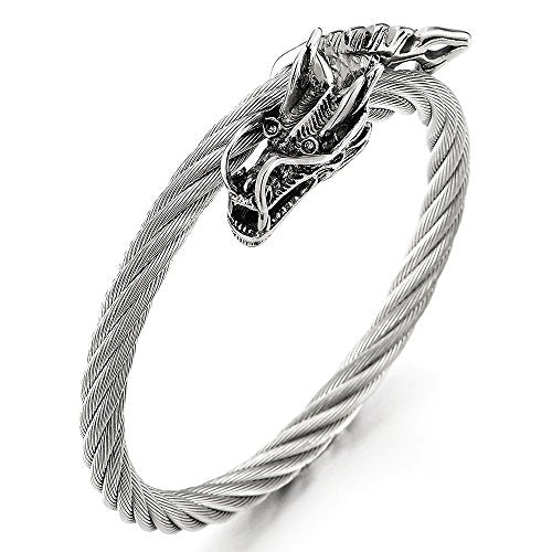 COOLSTEELANDBEYOND Elastic Adjustable Steel Mens Dragons Twisted Cable Cuff Bangle Bracelet with Cubic Zirconia Eyes - coolsteelandbeyond