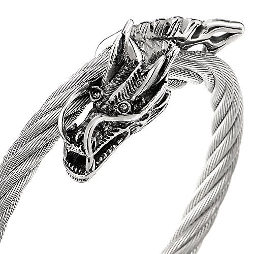 COOLSTEELANDBEYOND Elastic Adjustable Steel Mens Dragons Twisted Cable Cuff Bangle Bracelet with Cubic Zirconia Eyes - coolsteelandbeyond