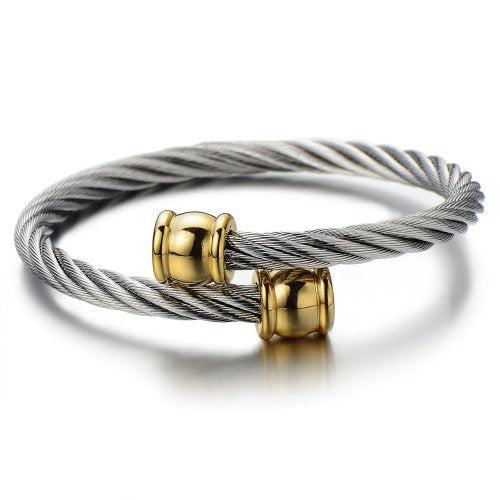 COOLSTEELANDBEYOND Elastic Adjustable Unisex Steel Twisted Cable Cuff Bangle Bracelet for Men Women Silver Gold Two-Tone - coolsteelandbeyond