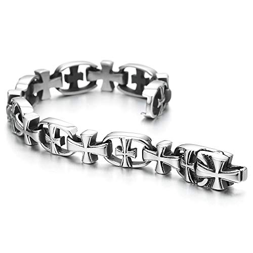 COOLSTEELANDBEYOND Exquisite Stainless Steel Cross Link Chain Bracelet for Men, Rock Punk Biker Faith - coolsteelandbeyond