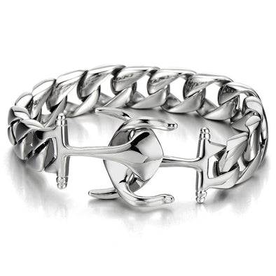 COOLSTEELANDBEYOND Exquisite Stainless Steel Mens Marine Anchor Curb Chain Bangle Bracelet Silver Color Polished - coolsteelandbeyond