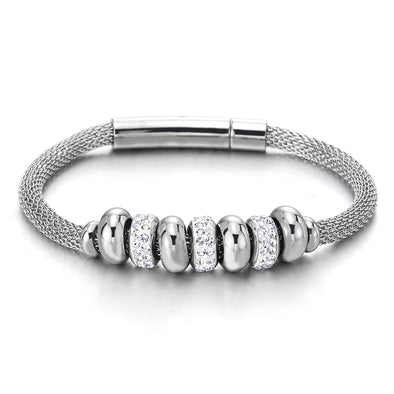 COOLSTEELANDBEYOND Exquisite Womens Stainless Steel Charm Bracelet with Steel Beads String and Cubic Zirconia - COOLSTEELANDBEYOND Jewelry