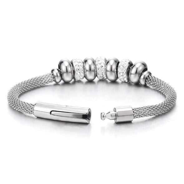 COOLSTEELANDBEYOND Exquisite Womens Stainless Steel Charm Bracelet with Steel Beads String and Cubic Zirconia - COOLSTEELANDBEYOND Jewelry