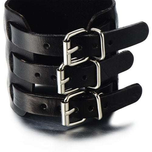 COOLSTEELANDBEYOND Extra Wide Mens Leather Bracelet Genuine Black Leather Bangle with Three Buckle Clasps - coolsteelandbeyond