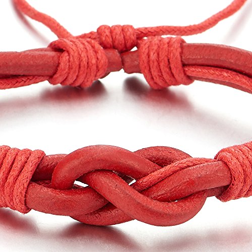 COOLSTEELANDBEYOND Friendship Nautical Knot Red Leather Bracelet Mens Women Genuine Leather Wristband Wrap Bracelet - coolsteelandbeyond