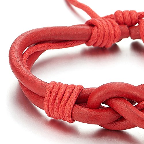 COOLSTEELANDBEYOND Friendship Nautical Knot Red Leather Bracelet Mens Women Genuine Leather Wristband Wrap Bracelet - coolsteelandbeyond
