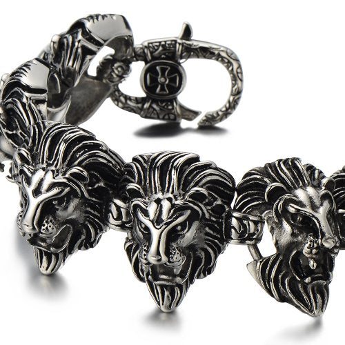 COOLSTEELANDBEYOND Gothic Biker Large Lion Head Link Bracelet for Men Stainless Steel Silver Black Two-Tone - coolsteelandbeyond