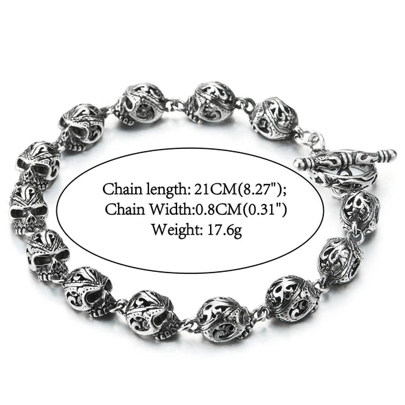 Gothic Biker Link of Fancy Skulls Bracelet for Men Women, Silver Color, Toggle Clasp - COOLSTEELANDBEYOND Jewelry