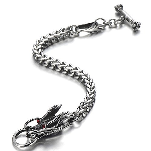 COOLSTEELANDBEYOND Gothic Biker Men Stainless Steel Dragon Curb Chain Bracelet Red Cubic Zirconia Toggle Clasp - coolsteelandbeyond