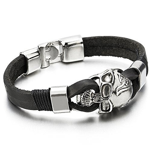 COOLSTEELANDBEYOND Gothic Biker Mens Skull Black Leather Bracelet Two-Rows Genuine Leather Wristband - coolsteelandbeyond