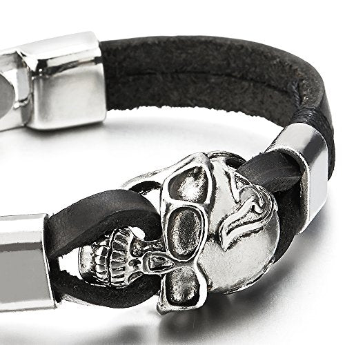 COOLSTEELANDBEYOND Gothic Biker Mens Skull Black Leather Bracelet Two-Rows Genuine Leather Wristband - coolsteelandbeyond