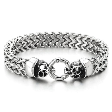 Gothic Mens Stainless Steel Cap Skull Franco Link Curb Chain Bracelet, Spring Ring Clasp 8.7 Inches - COOLSTEELANDBEYOND Jewelry