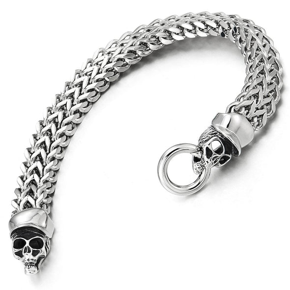 Gothic Mens Stainless Steel Cap Skull Franco Link Curb Chain Bracelet, Spring Ring Clasp 8.7 Inches - COOLSTEELANDBEYOND Jewelry