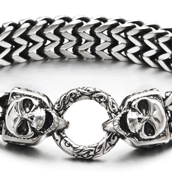 COOLSTEELANDBEYOND Gothic Mens Stainless Steel Franco Box Chain Link Curb Chain Bracelet with Skulls Spring Ring Clasp - coolsteelandbeyond