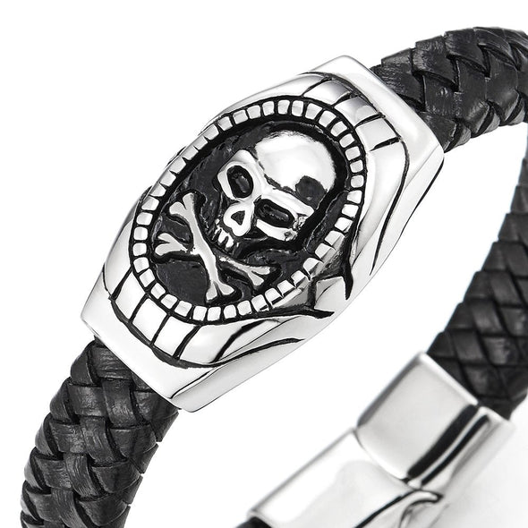Gothic Mens Steel Pirate Skull ID Identification Braided Leather Bangle Bracelet, Silver Black - COOLSTEELANDBEYOND Jewelry