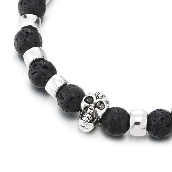 COOLSTEELANDBEYOND Gothic Mens Womens 8.5MM Matt Black Volcanic Lava Stone Link Metal Beads Bracelet with Skull Charm - coolsteelandbeyond