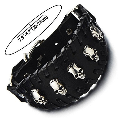COOLSTEELANDBEYOND Gothic Punk Men’s Skull Bracelet Large Genuine Black Leather Wristband - coolsteelandbeyond