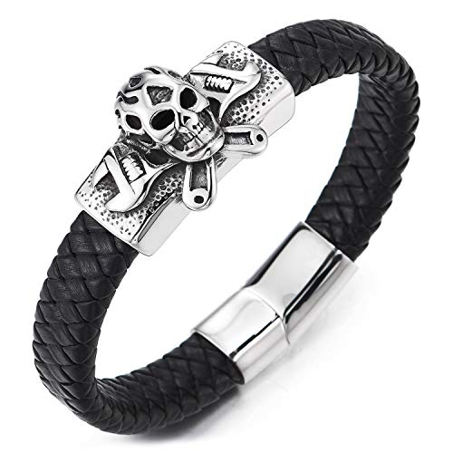 COOLSTEELANDBEYOND Gothic Punk Rock Mens Black Genuine Braided Leather Bracelet with Vintage Steel Wrench Flame Skull - coolsteelandbeyond