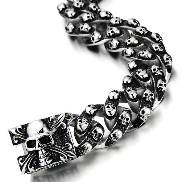 COOLSTEELANDBEYOND Gothic Retro Style Mens Large Stainless Steel Curb Chain Bracelet with Skulls - coolsteelandbeyond