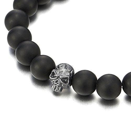 COOLSTEELANDBEYOND Gothic Style Mens 10MM Matt Black Onyx Beads Bracelet with Dark Grey Skull Charm, Stretchable - coolsteelandbeyond