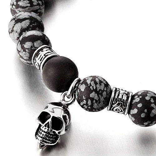 COOLSTEELANDBEYOND Gothic Style Mens 11MM Matt Onyx Beads Bracelet with Stainless Steel Skull - coolsteelandbeyond