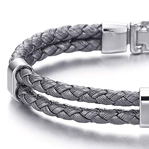 COOLSTEELANDBEYOND Grey Two-Row Braided Leather Bangle Bracelet Wristband for Mens Womens - coolsteelandbeyond