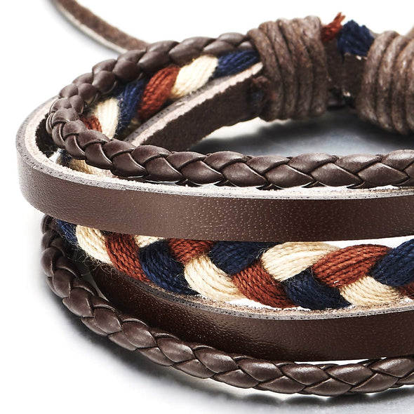 COOLSTEELANDBEYOND Hand-Made Men Women Multi-Strand Brown Braided Leather Blue White Brown Braided Cotton Rope Bracelet - coolsteelandbeyond