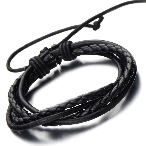 Hand-Made Mens Black Braided Leather Bracelet Multi-Strand Genuine Leather Wristband Wrap Bracelet - COOLSTEELANDBEYOND Jewelry